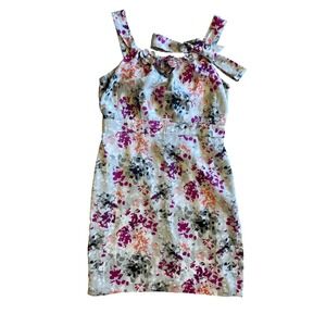 Ann Taylor Loft Floral Sheath Mini Dress 6 Purple Orange 3D Flower Neckline Bow